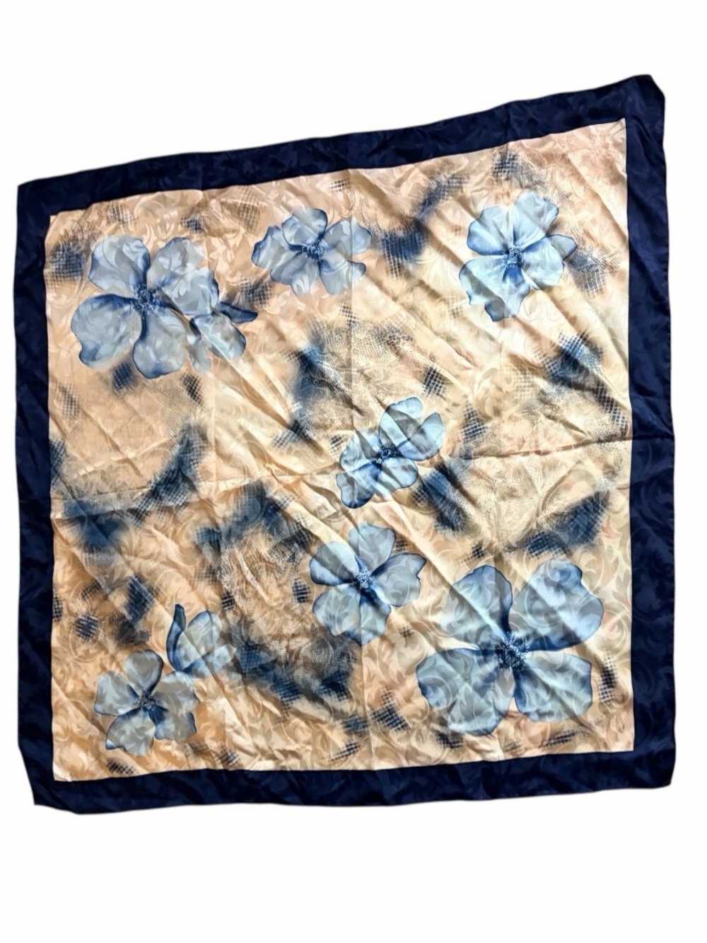 AZALEA Blue Floral 100% Silk Scarf with Navy Border